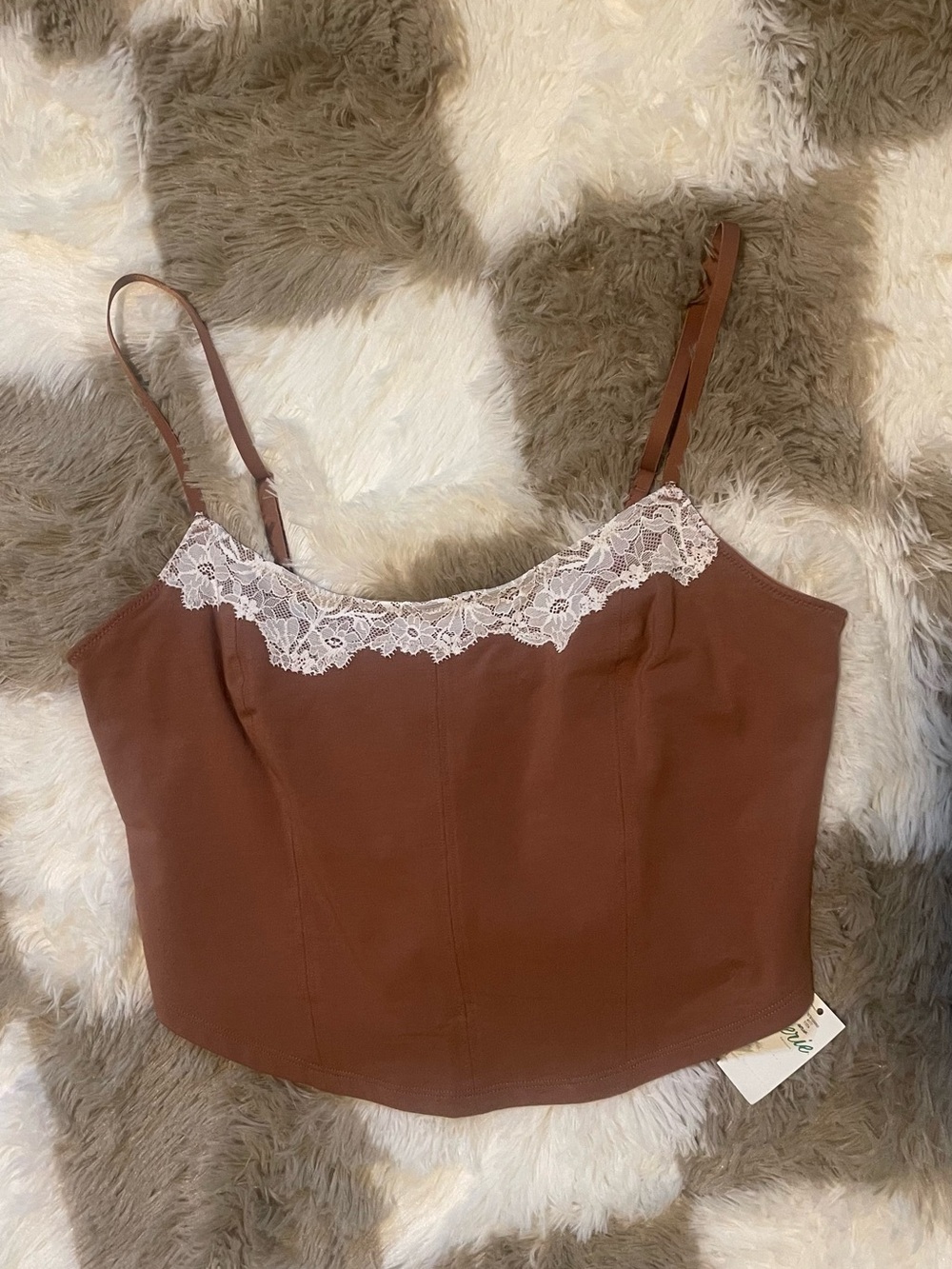 aerie Brown Cami with White Lace Trim